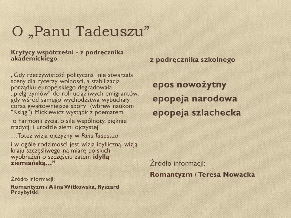 wspólnoty, pięknie tradycji i urodzie ziemi ojczystej" Toteż wizja ojczyzny w Panu Tadeuszu i w ogóle rodzimości jest wizją idylliczną, wizją kraju szczęśliwego na miarę polskich wyobrażeń o