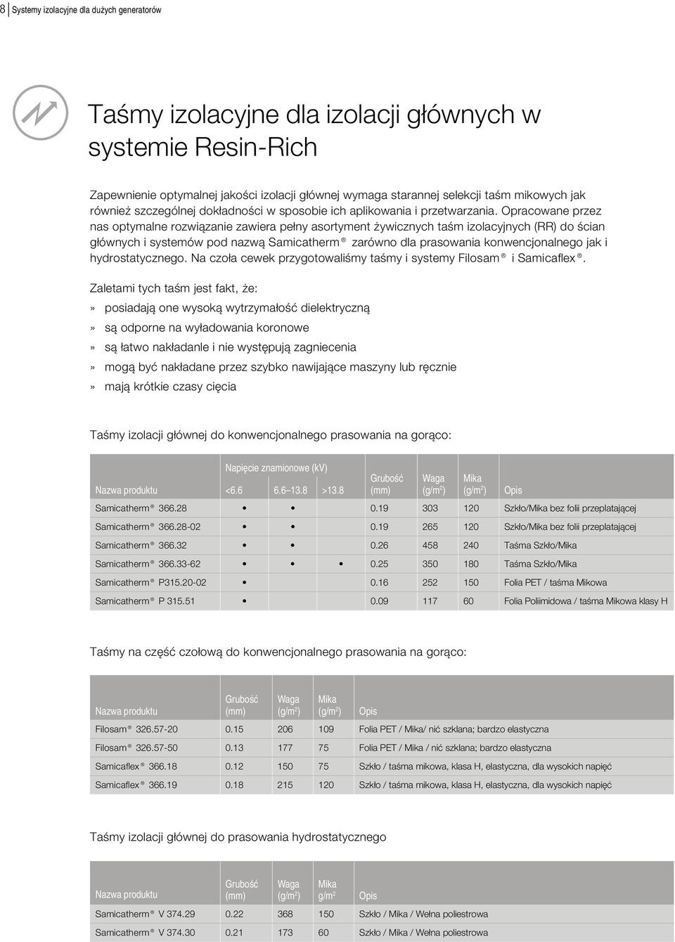 Opracowane przez nas optymalne rozwiązanie zawiera pełny asortyment żywicznych taśm izolacyjnych (RR) do ścian głównych i systemów pod nazwą Samicatherm zarówno dla prasowania konwencjonalnego jak i