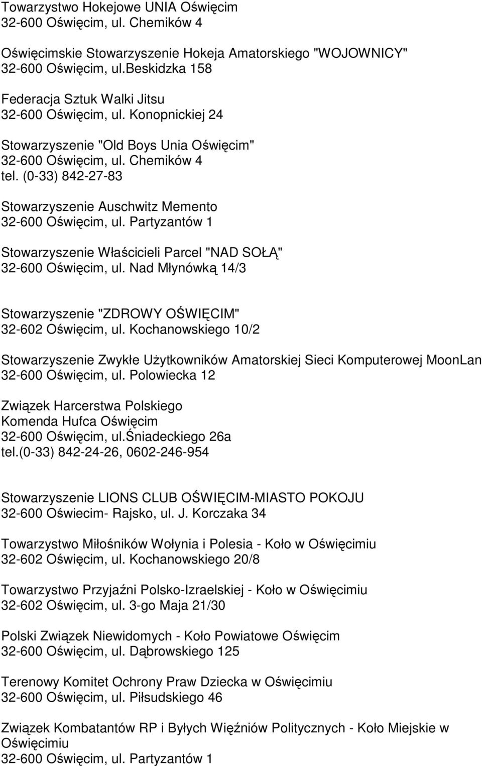 (0-33) 842-27-83 Stowarzyszenie Auschwitz Memento 32-600 Oświęcim, ul. Partyzantów 1 Stowarzyszenie Właścicieli Parcel "NAD SOŁĄ" 32-600 Oświęcim, ul.