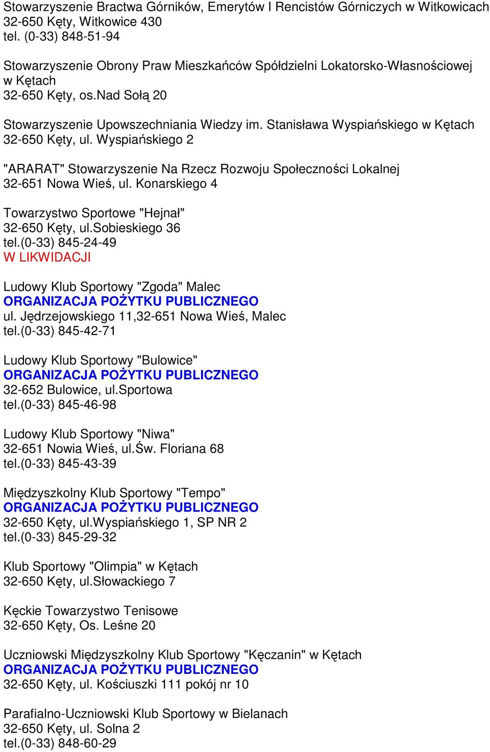 Stanisława Wyspiańskiego w Kętach 32-650 Kęty, ul. Wyspiańskiego 2 "ARARAT" Stowarzyszenie Na Rzecz Rozwoju Społeczności Lokalnej 32-651 Nowa Wieś, ul.