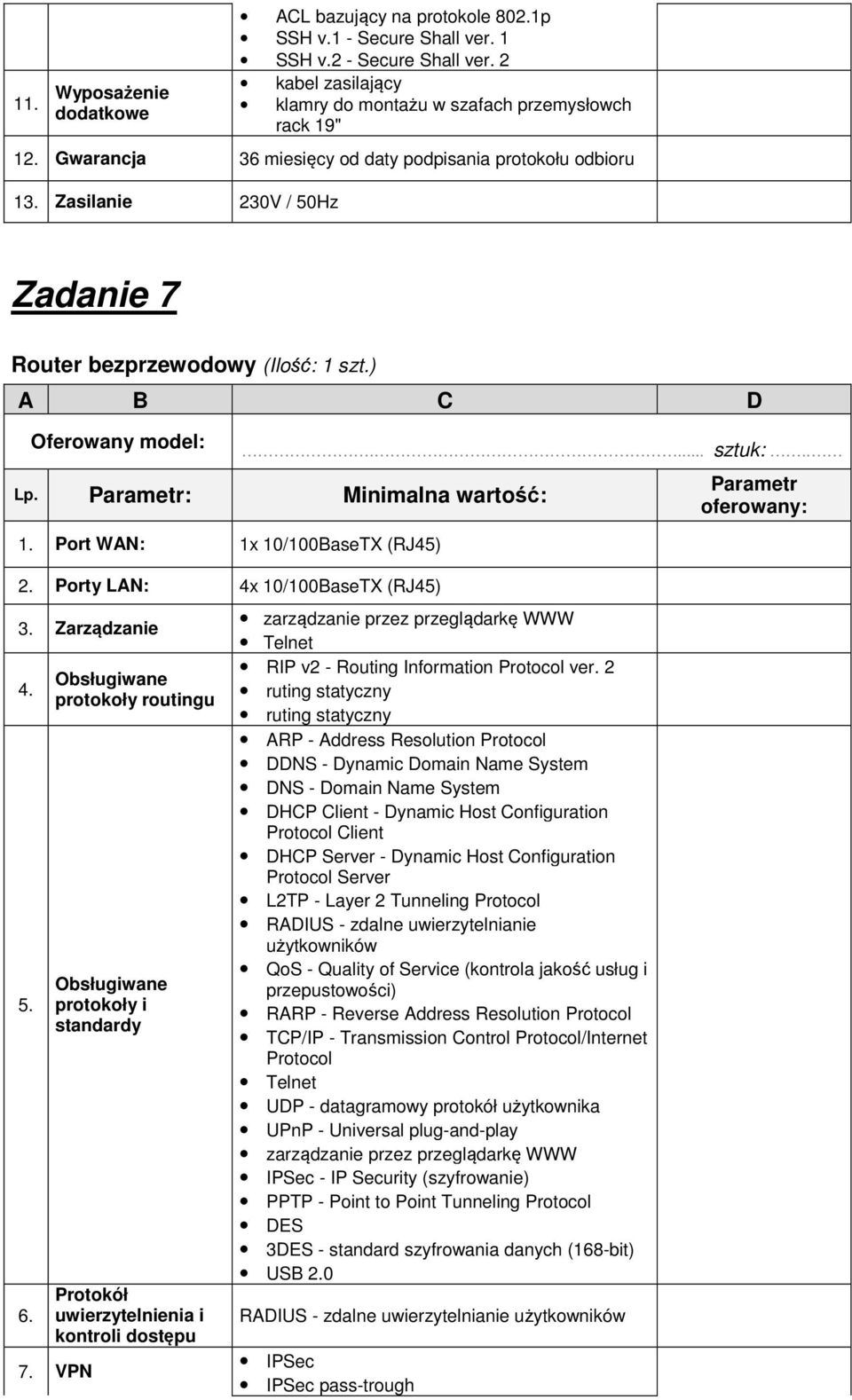 Porty LAN: 4x 10/100BaseTX (RJ45) 3. Zarządzanie 4. 5. 6. Obsługiwane protokoły routingu Obsługiwane protokoły i standardy Protokół uwierzytelnienia i kontroli dostępu 7.