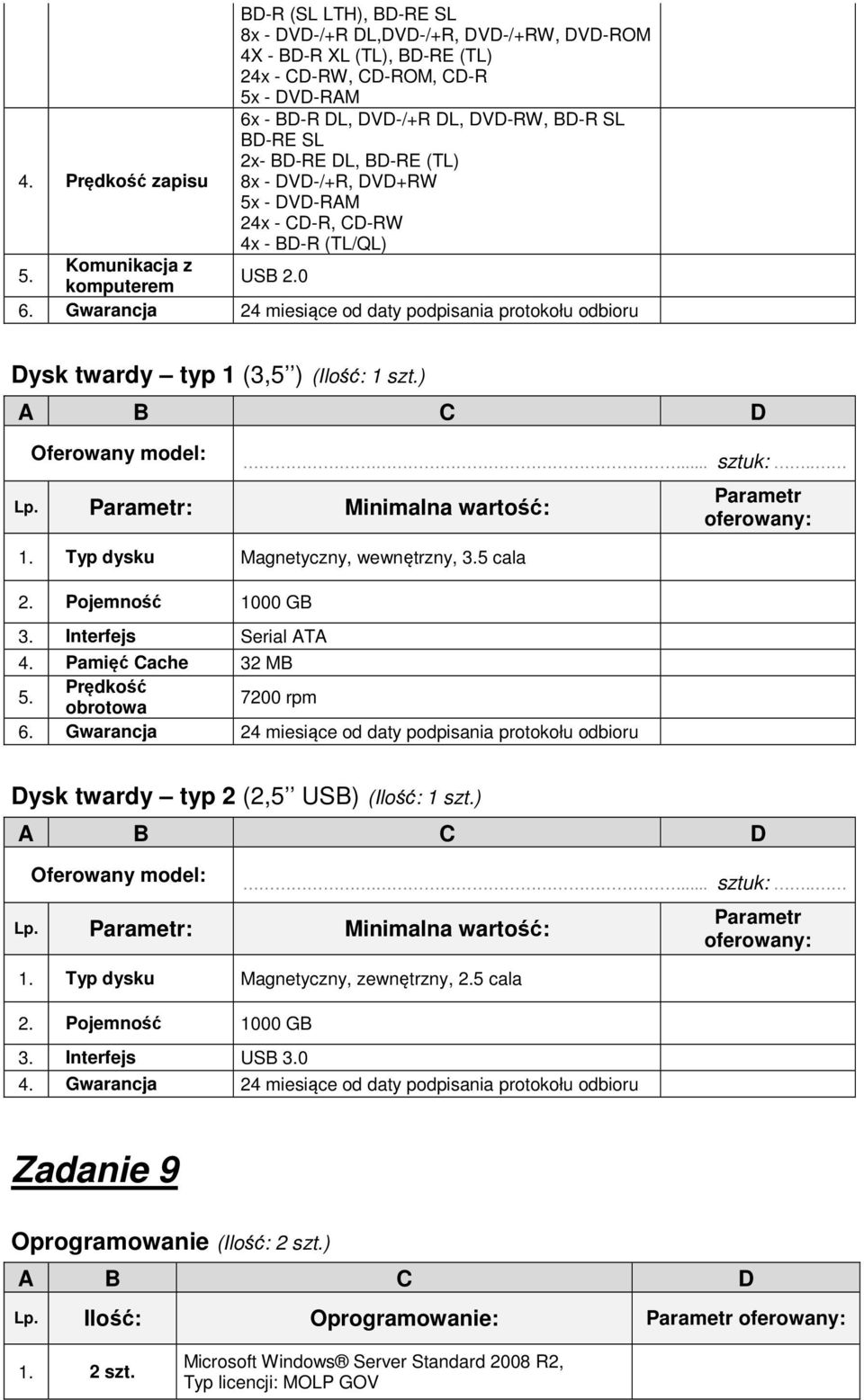 Gwarancja 24 miesiące od daty podpisania protokołu odbioru Dysk twardy typ 1 (3,5 ) (Ilość: 1 szt.) Lp. : Minimalna wartość: 1. Typ dysku Magnetyczny, wewnętrzny, 3.5 cala 2. Pojemność 1000 GB 3.