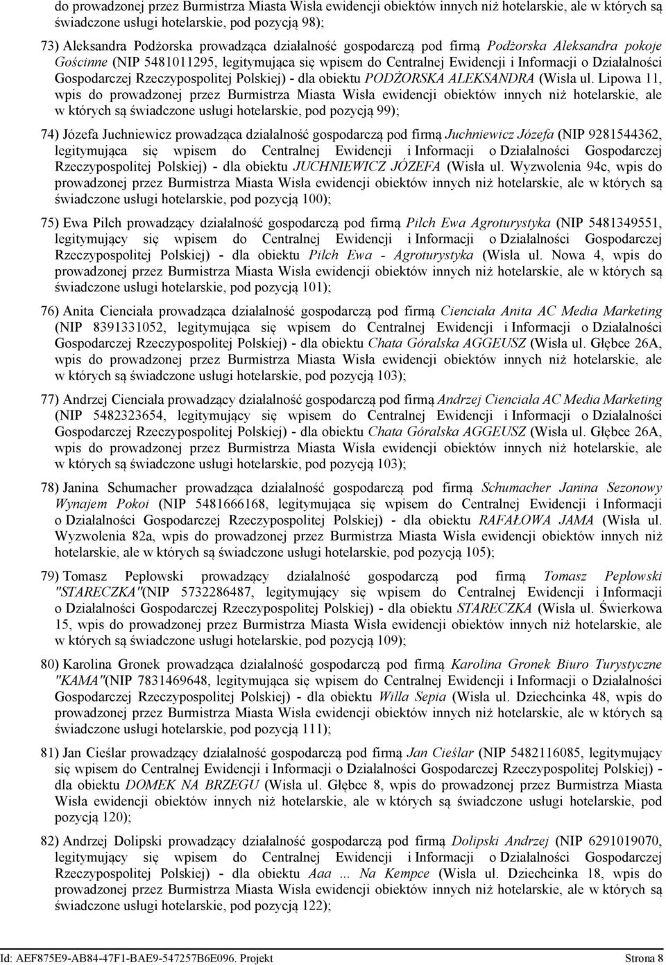 Lipowa 11, w których są świadczone usługi hotelarskie, pod pozycją 99); 74) Józefa Juchniewicz prowadząca działalność gospodarczą pod firmą Juchniewicz Józefa (NIP 9281544362, Rzeczypospolitej