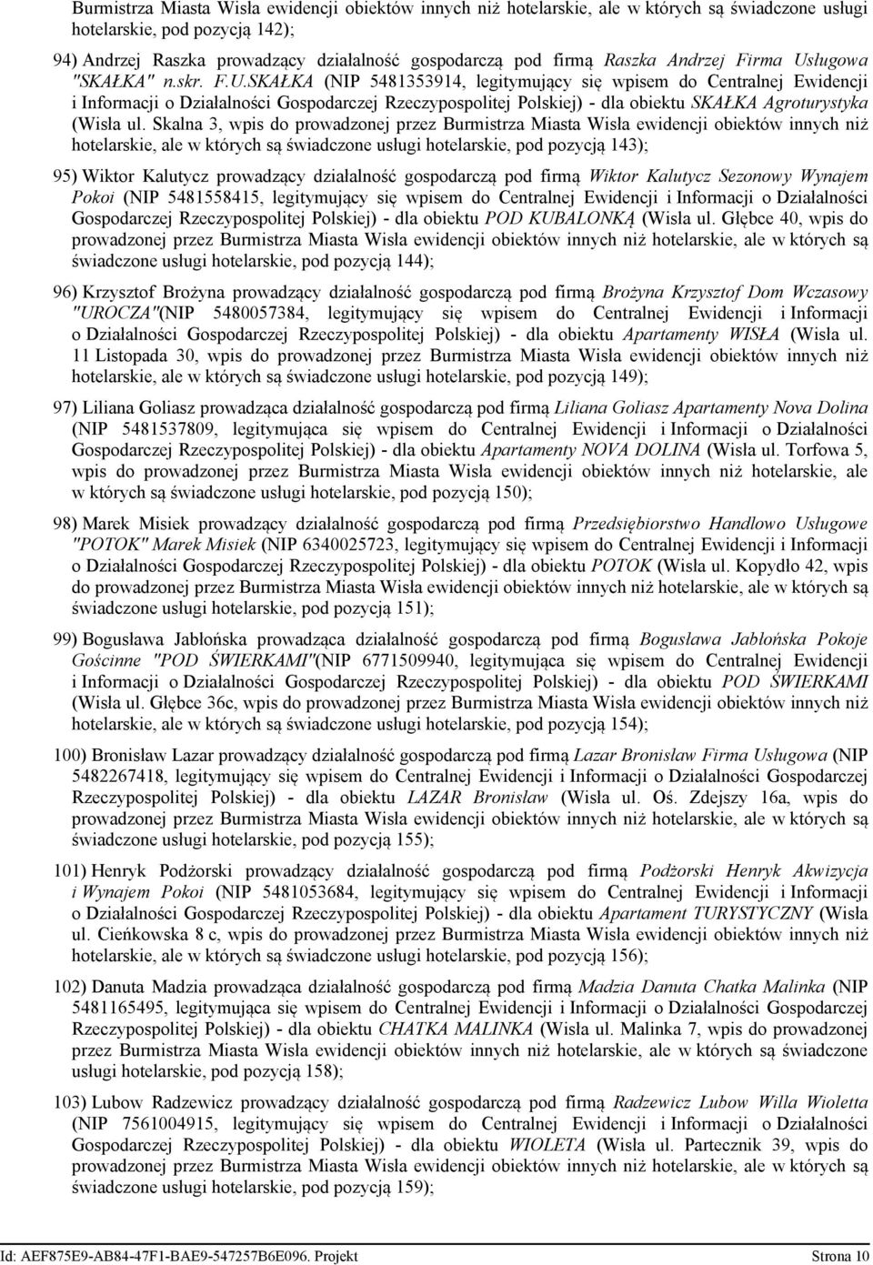 SKAŁKA (NIP 5481353914, legitymujący się wpisem do Centralnej Ewidencji i Informacji o Działalności Gospodarczej Rzeczypospolitej Polskiej) - dla obiektu SKAŁKA Agroturystyka (Wisła ul.