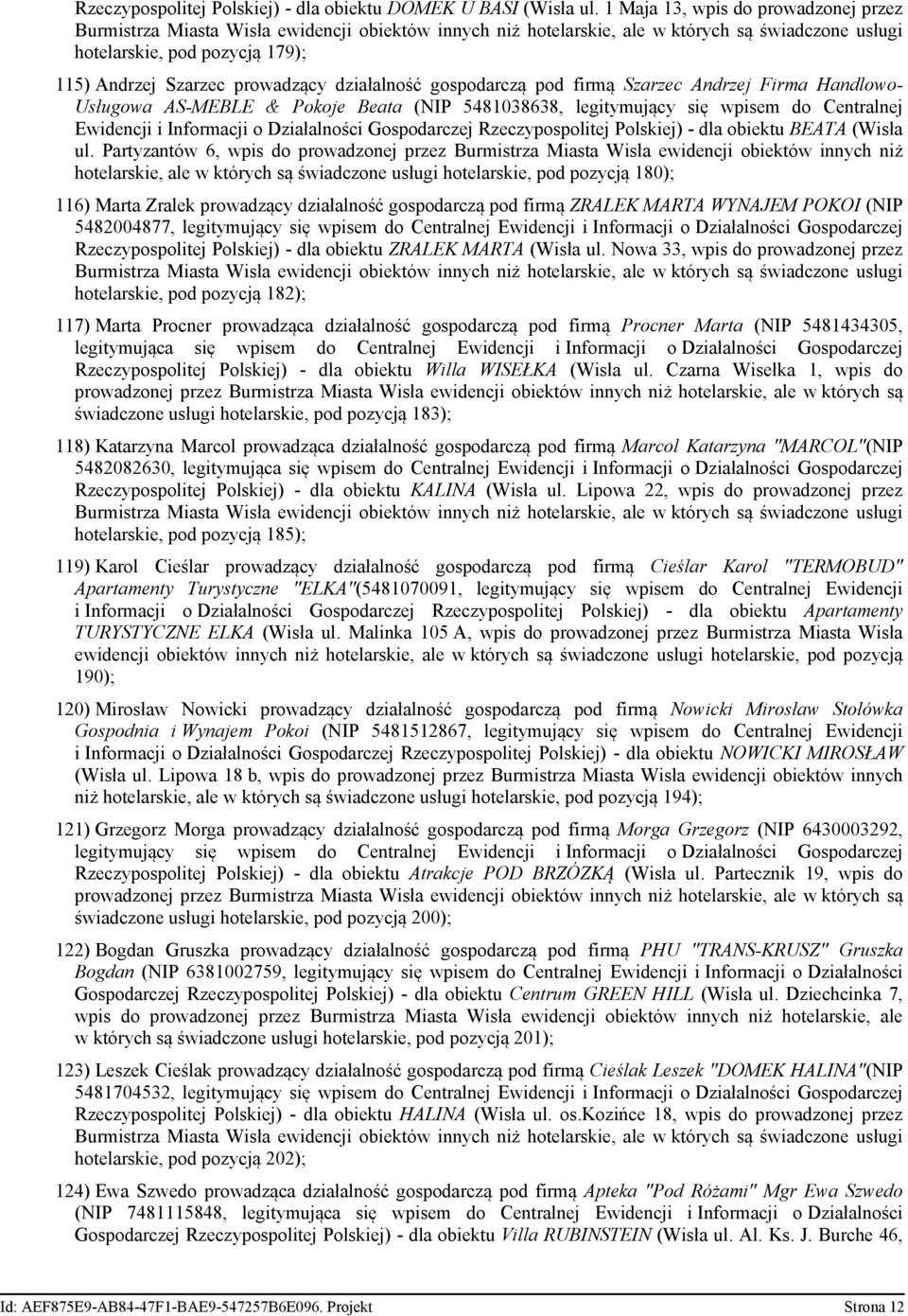 (NIP 5481038638, legitymujący się wpisem do Centralnej Ewidencji i Informacji o Działalności Gospodarczej Rzeczypospolitej Polskiej) - dla obiektu BEATA (Wisła ul.