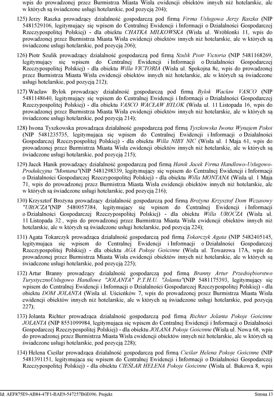 Wróblonki 11, wpis do świadczone usługi hotelarskie, pod pozycją 206); 126) Piotr Szulik prowadzący działalność gospodarczą pod firmą Szulik Piotr Victoria (NIP 5481168269, Rzeczypospolitej Polskiej)