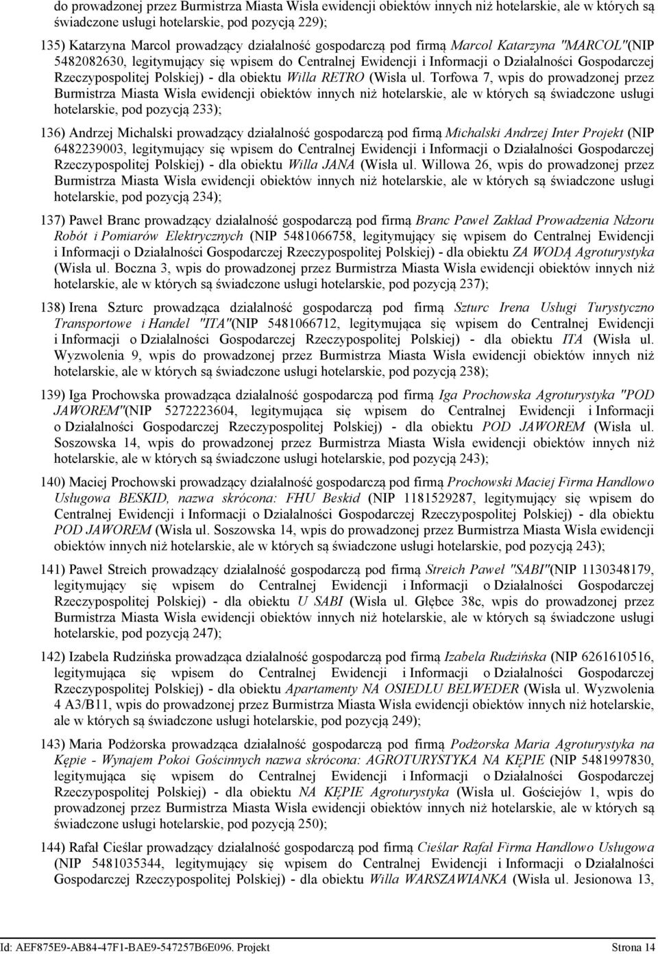 Torfowa 7, wpis do prowadzonej przez hotelarskie, pod pozycją 233); 136) Andrzej Michalski prowadzący działalność gospodarczą pod firmą Michalski Andrzej Inter Projekt (NIP 6482239003,