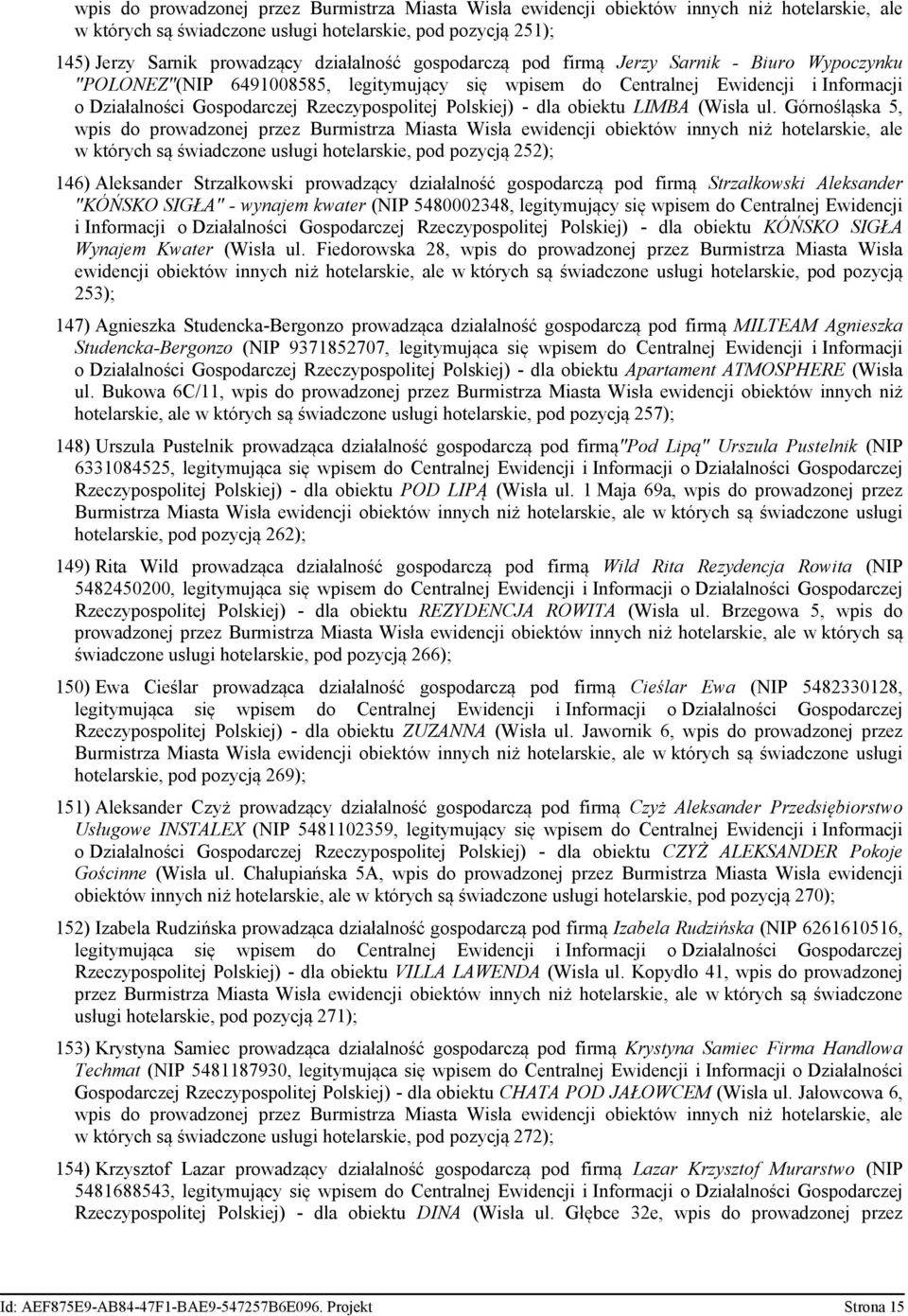 Górnośląska 5, w których są świadczone usługi hotelarskie, pod pozycją 252); 146) Aleksander Strzałkowski prowadzący działalność gospodarczą pod firmą Strzałkowski Aleksander "KÓŃSKO SIGŁA" - wynajem