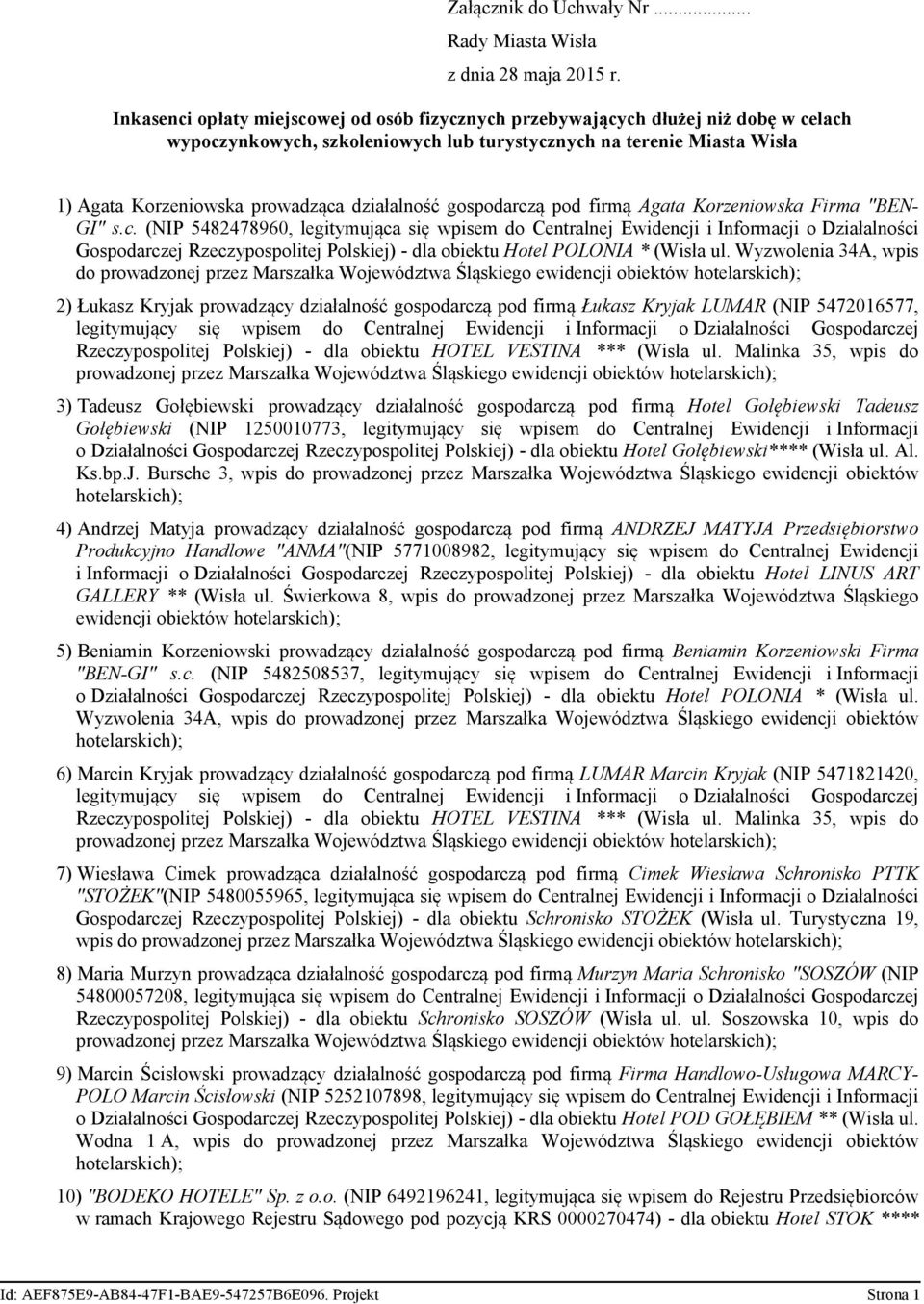 działalność gospodarczą pod firmą Agata Korzeniowska Firma "BEN- GI" s.c. (NIP 5482478960, legitymująca się wpisem do Centralnej Ewidencji i Informacji o Działalności Gospodarczej Rzeczypospolitej Polskiej) - dla obiektu Hotel POLONIA * (Wisła ul.