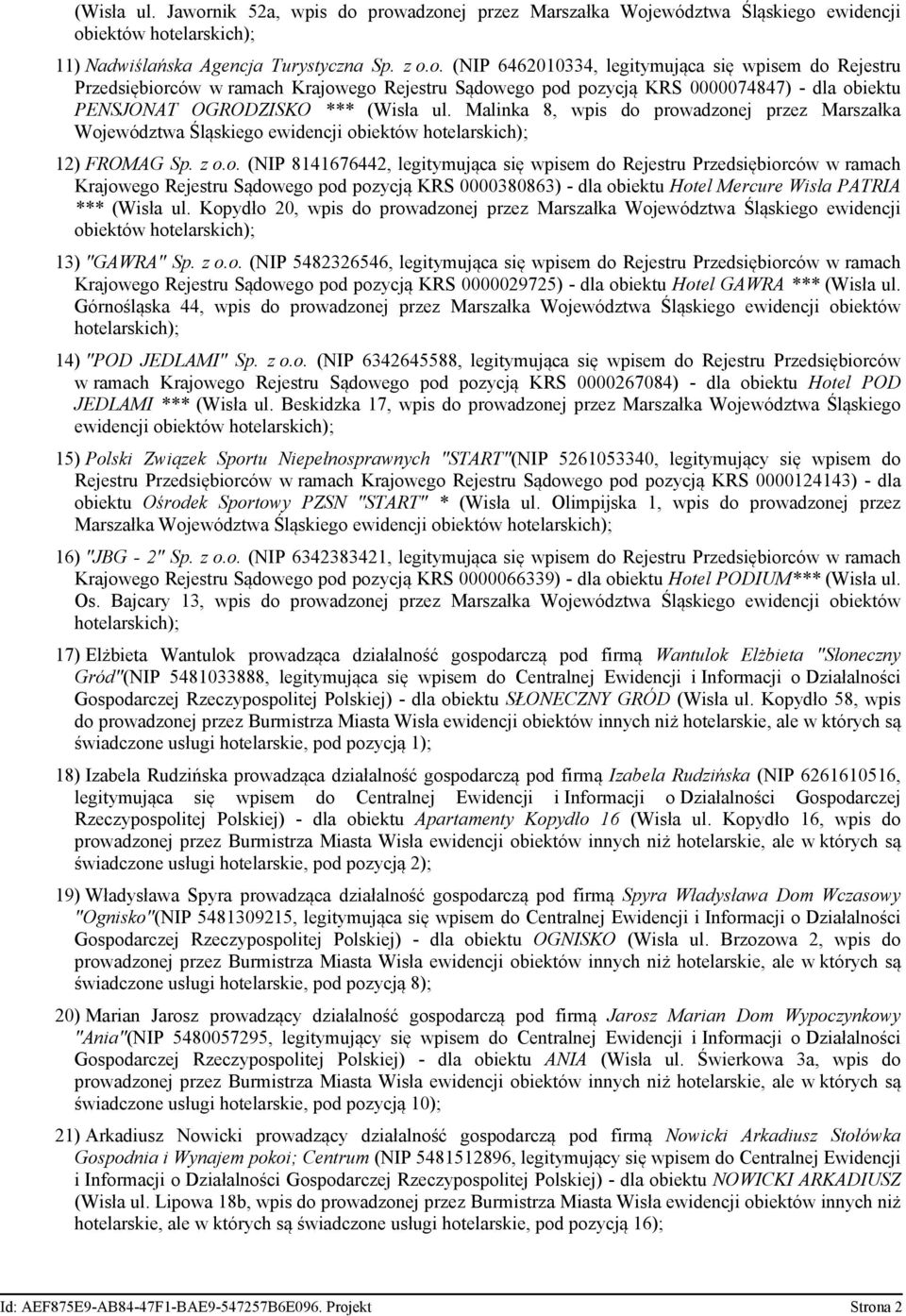 prowadzonej przez Marszałka Województwa Śląskiego ewidencji obiektów hotelarskich); 12) FROMAG Sp. z o.o. (NIP 8141676442, legitymująca się wpisem do Rejestru Przedsiębiorców w ramach Krajowego Rejestru Sądowego pod pozycją KRS 0000380863) - dla obiektu Hotel Mercure Wisła PATRIA *** (Wisła ul.