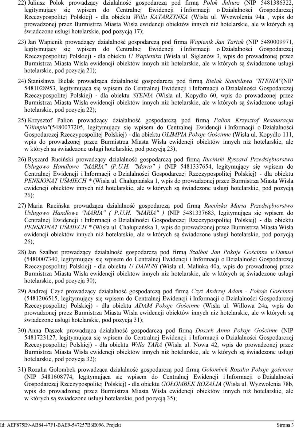 dla obiektu U Wapienika (Wisła ul.
