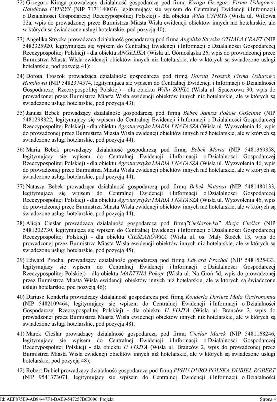 Willowa 22a, w których są świadczone usługi hotelarskie, pod pozycją 40); 33) Angelika Strycka prowadząca działalność gospodarczą pod firmą Angelika Strycka OTHALA CRAFT (NIP 5482325920,