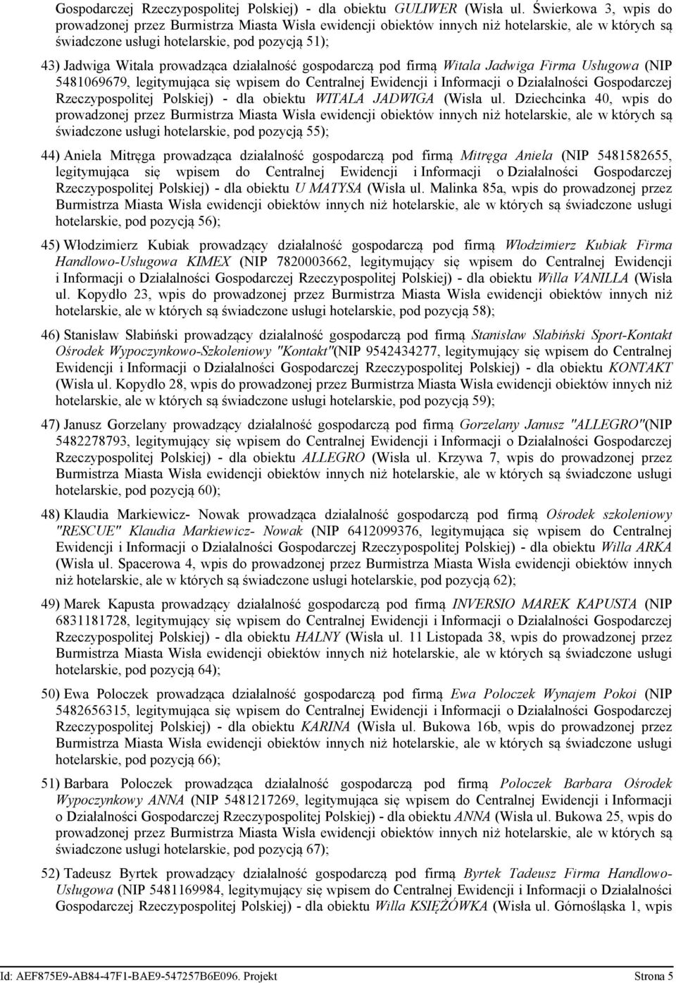 Polskiej) - dla obiektu WITALA JADWIGA (Wisła ul.