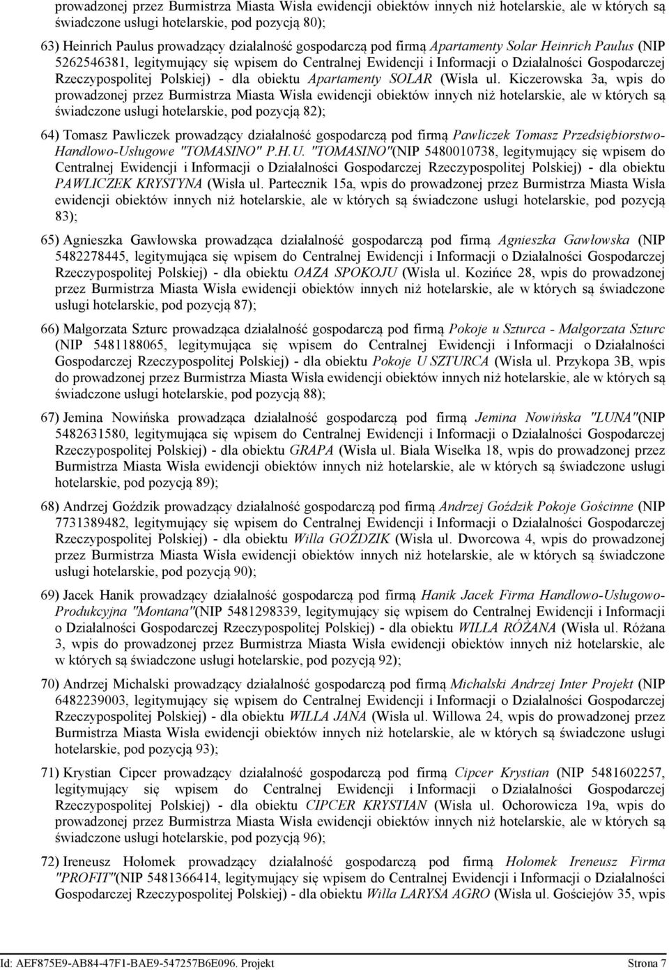 Kiczerowska 3a, wpis do świadczone usługi hotelarskie, pod pozycją 82); 64) Tomasz Pawliczek prowadzący działalność gospodarczą pod firmą Pawliczek Tomasz Przedsiębiorstwo- Handlowo-Usługowe