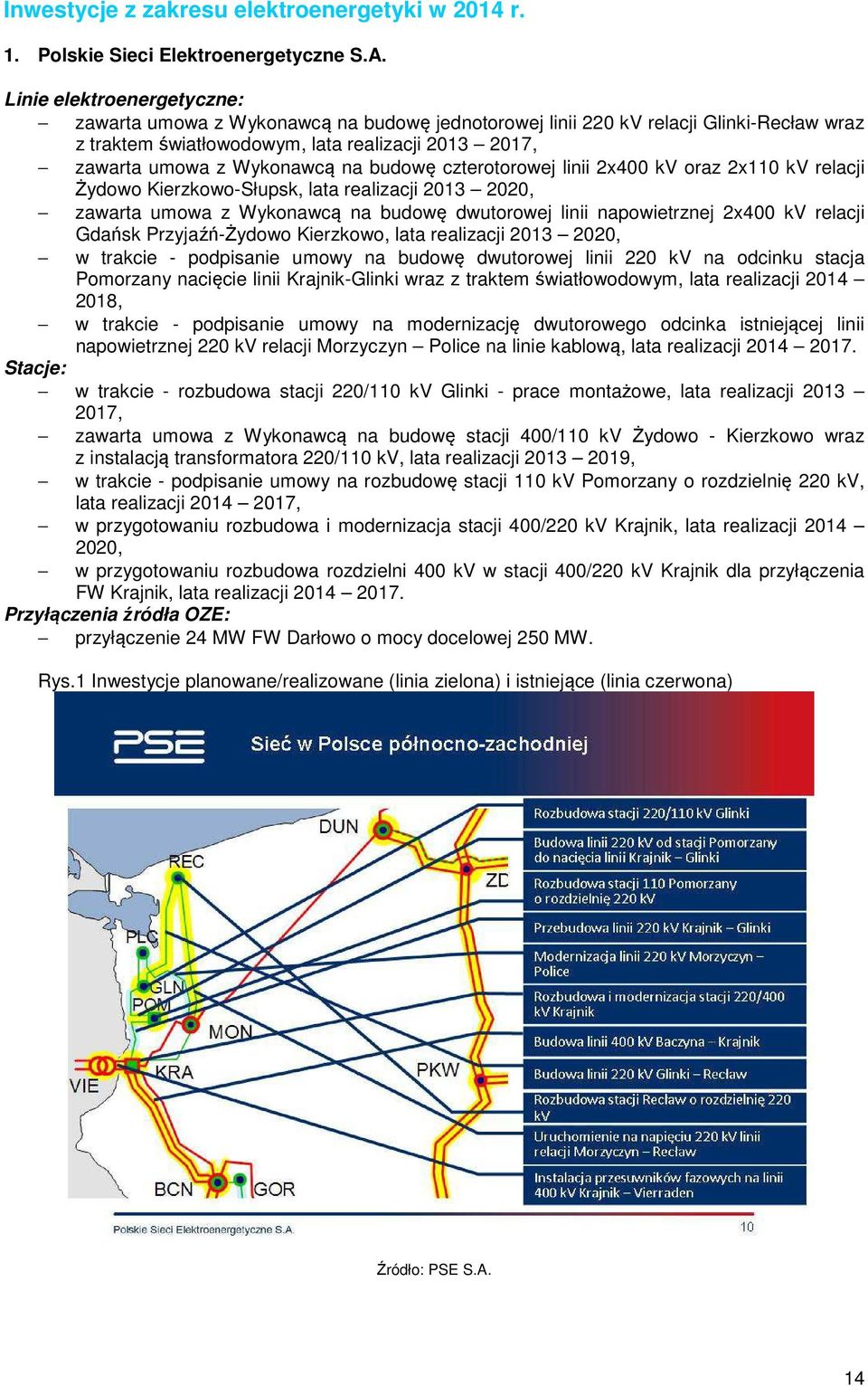 budowę czterotorowej linii 2x400 kv oraz 2x110 kv relacji Żydowo Kierzkowo-Słupsk, lata realizacji 2013 2020, zawarta umowa z Wykonawcą na budowę dwutorowej linii napowietrznej 2x400 kv relacji