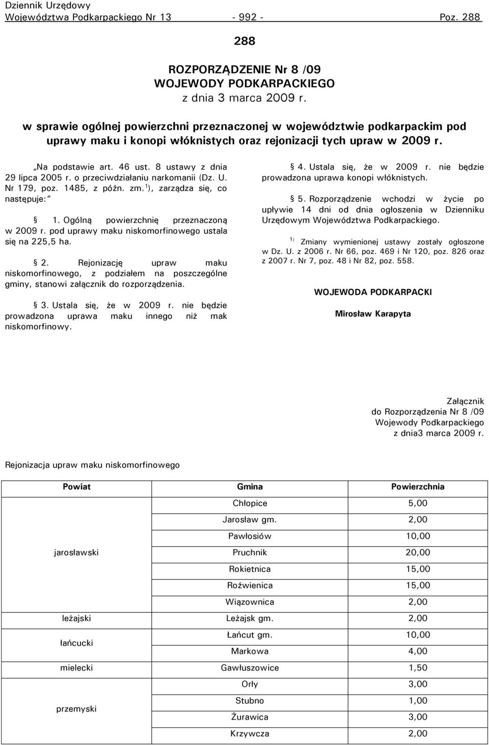 8 ustawy z dnia 29 lipca 2005 r. o przeciwdziałaniu narkomanii (Dz. U. Nr 179, poz. 1485, z późn. zm. 1 ), zarządza się, co następuje: 1. Ogólną powierzchnię przeznaczoną w 2009 r.