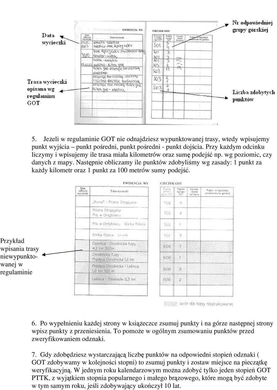 Następnie obliczamy ile punktów zdobyliśmy wg zasady: 1 punkt za każdy kilometr oraz 1 punkt za 100 metrów sumy podejść. Przykład wpisania trasy niewypunktowanej w regulaminie 6.