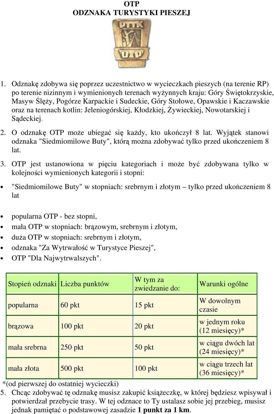 Sudeckie, Góry Stołowe, Opawskie i Kaczawskie oraz na terenach kotlin: Jeleniogórskiej, Kłodzkiej, Żywieckiej, Nowotarskiej i Sądeckiej. 2. O odznakę OTP może ubiegać się każdy, kto ukończył 8 lat.