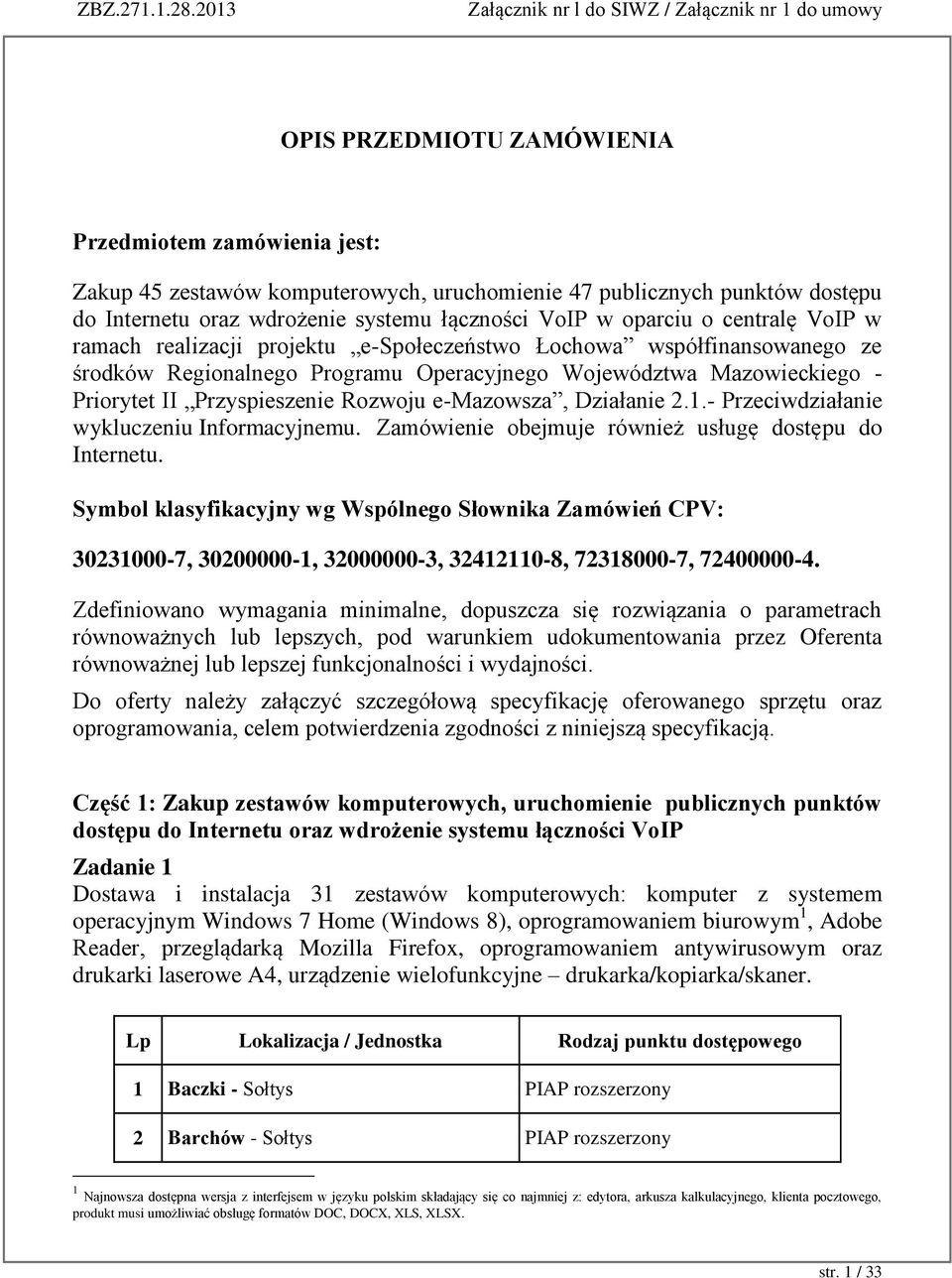 e-mazowsza, Działanie 2.1.- Przeciwdziałanie wykluczeniu Informacyjnemu. Zamówienie obejmuje również usługę dostępu do Internetu.