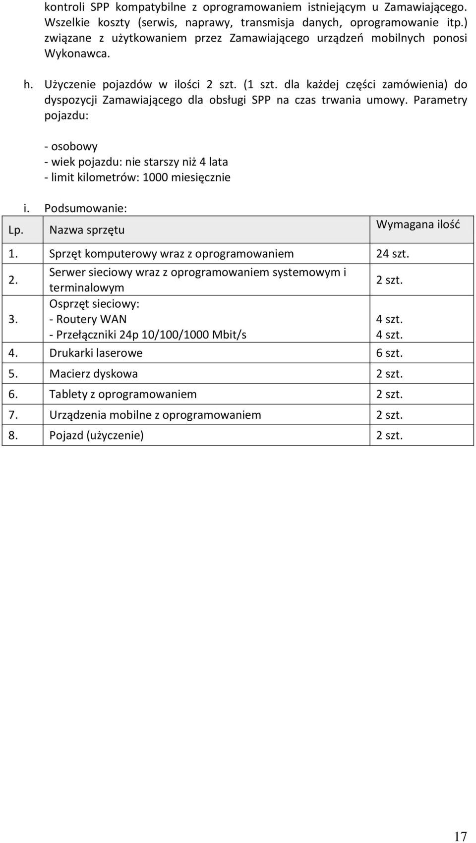 dla każdej części zamówienia) do dyspozycji Zamawiającego dla obsługi SPP na czas trwania umowy.