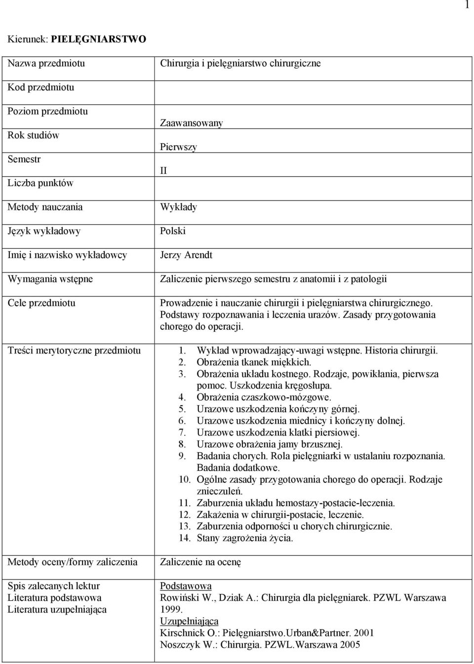 II Wykłady Polski Jerzy Arendt Zaliczenie pierwszego semestru z anatomii i z patologii Prowadzenie i nauczanie chirurgii i pielęgniarstwa chirurgicznego. Podstawy rozpoznawania i leczenia urazów.