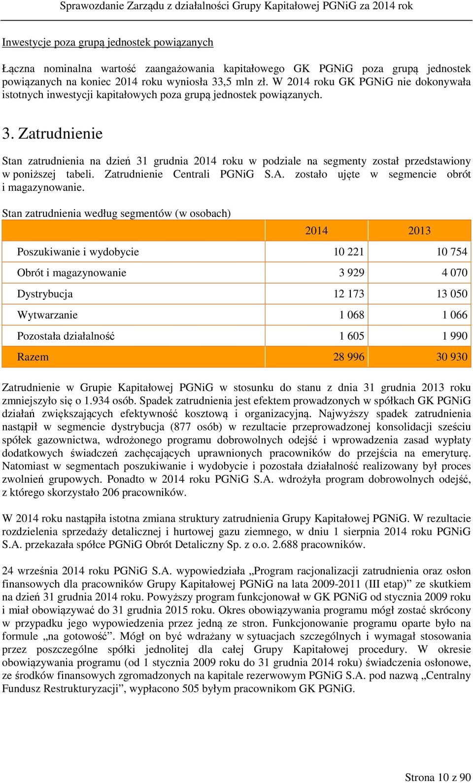 Zatrudnienie Stan zatrudnienia na dzień 31 grudnia 2014 roku w podziale na segmenty został przedstawiony w poniższej tabeli. Zatrudnienie Centrali PGNiG S.A.