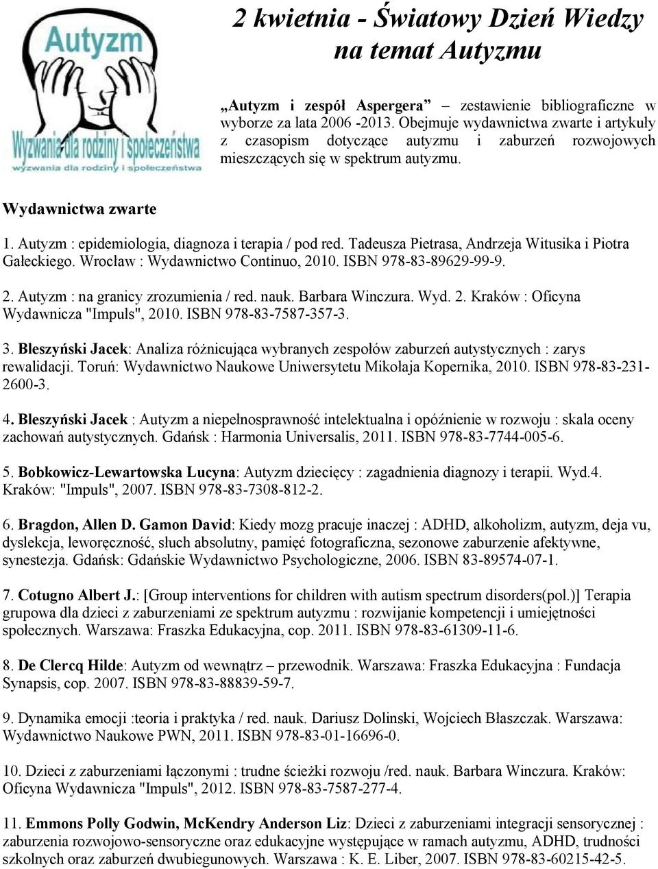 Autyzm : epidemiologia, diagnoza i terapia / pod red. Tadeusza Pietrasa, Andrzeja Witusika i Piotra Gałeckiego. Wrocław : Wydawnictwo Continuo, 2010. ISBN 978-83-89629-99-9. 2. Autyzm : na granicy zrozumienia / red.