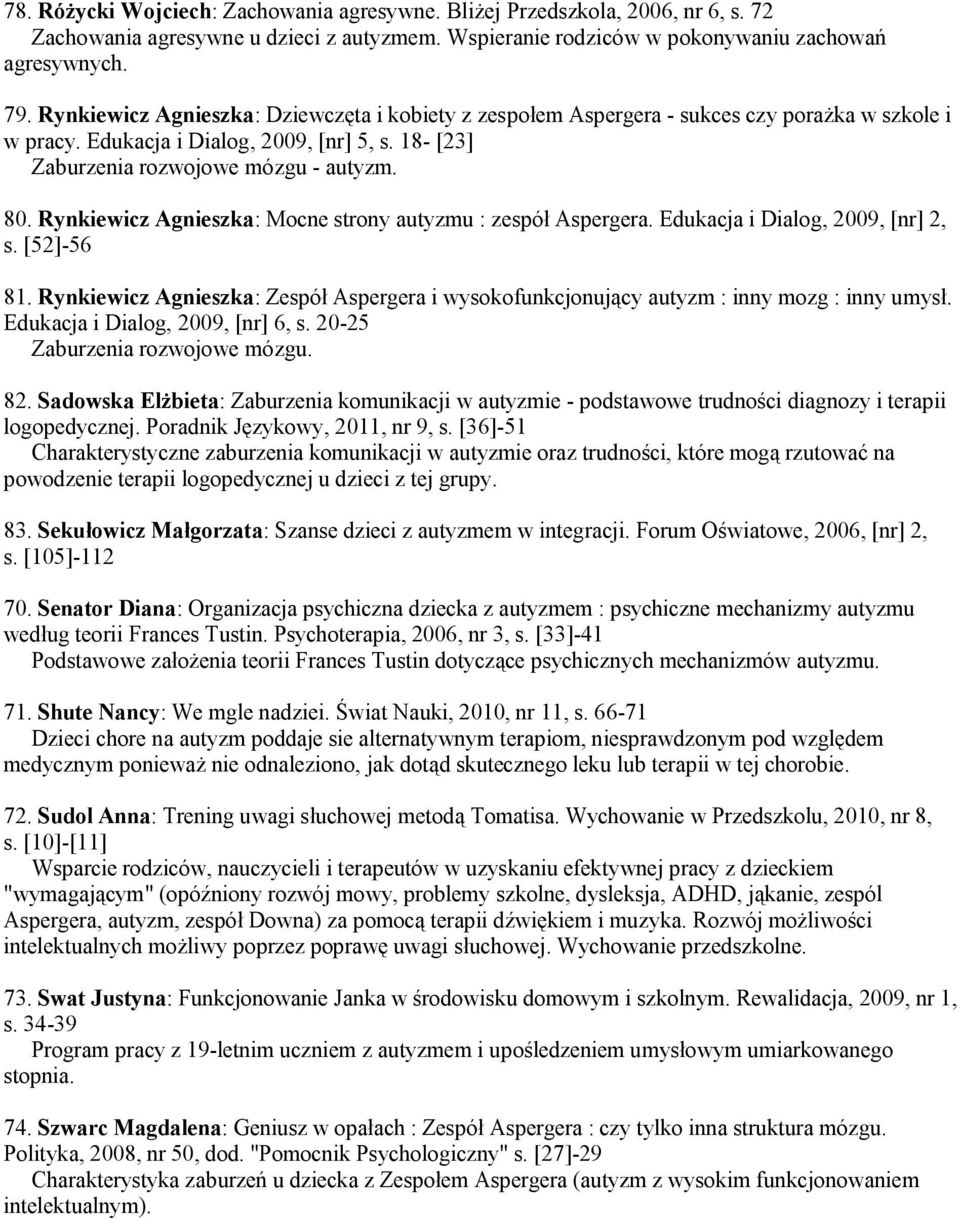 Rynkiewicz Agnieszka: Mocne strony autyzmu : zespół Aspergera. Edukacja i Dialog, 2009, [nr] 2, s. [52]-56 81.