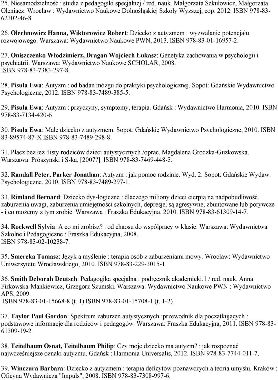 Oniszczenko Włodzimierz, Dragan Wojciech Łukasz: Genetyka zachowania w psychologii i psychiatrii. Warszawa: Wydawnictwo Naukowe SCHOLAR, 2008. ISBN 978-83-7383-297-8. 28.