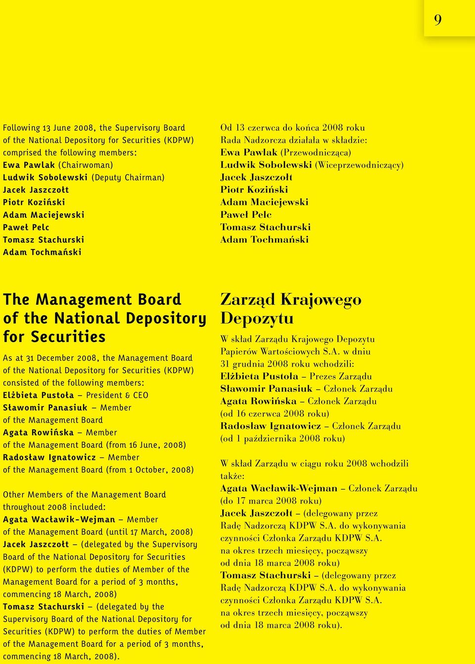 Sobolewski (Wiceprzewodniczący) Jacek Jaszczołt Piotr Koziński Adam Maciejewski Paweł Pelc Tomasz Stachurski Adam Tochmański The Management Board of the National Depository for Securities As at 31