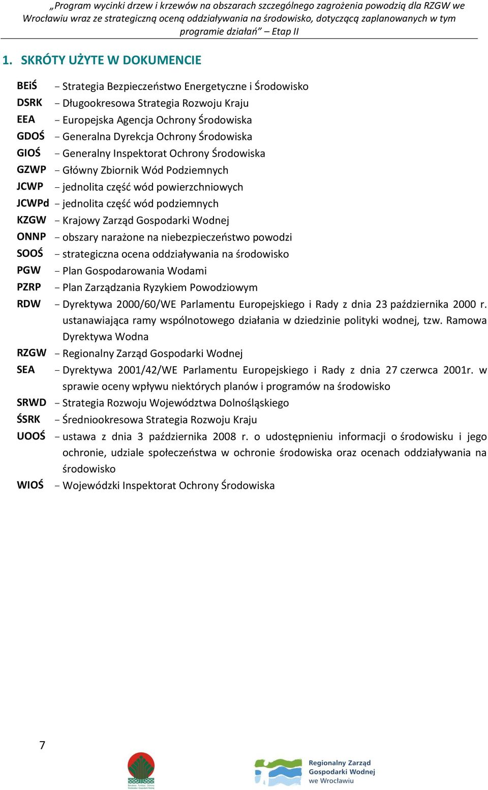 Zarząd Gospodarki Wodnej ONNP obszary narażone na niebezpieczeństwo powodzi SOOŚ strategiczna ocena oddziaływania na środowisko PGW Plan Gospodarowania Wodami PZRP Plan Zarządzania Ryzykiem