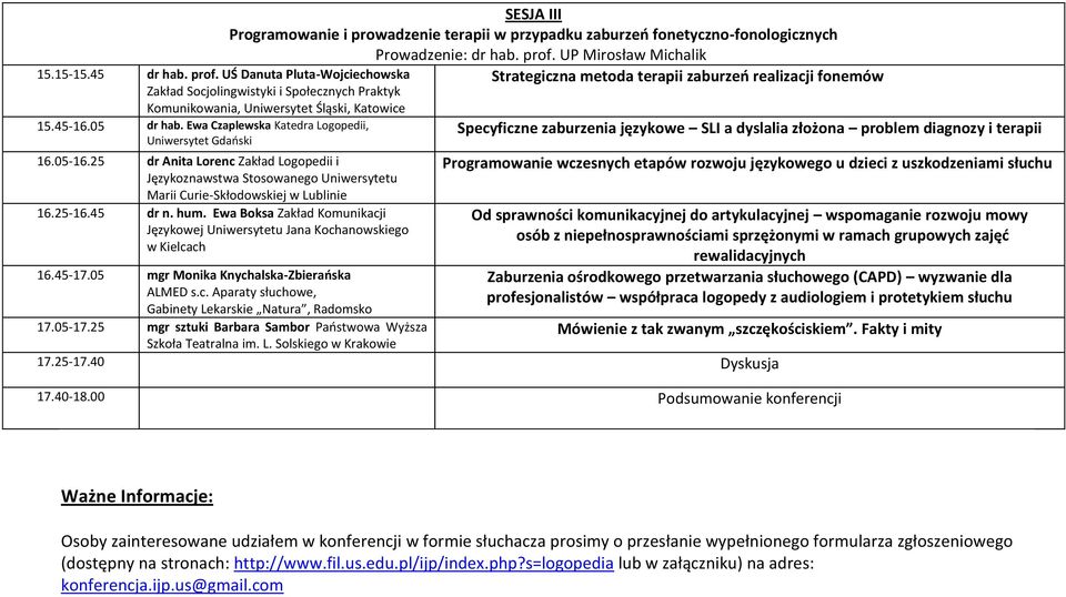 05-16.25 dr Anita Lorenc Zakład Logopedii i Językoznawstwa Stosowanego Uniwersytetu Marii Curie-Skłodowskiej w Lublinie 16.25-16.45 dr n. hum.