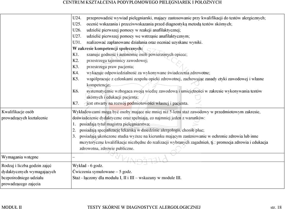 W zakresie kompetencji społecznych: K1. szanuje godność i autonomię osób powierzonych opiece; K2. przestrzega tajemnicy zawodowej; K3. przestrzega praw pacjenta; K4.