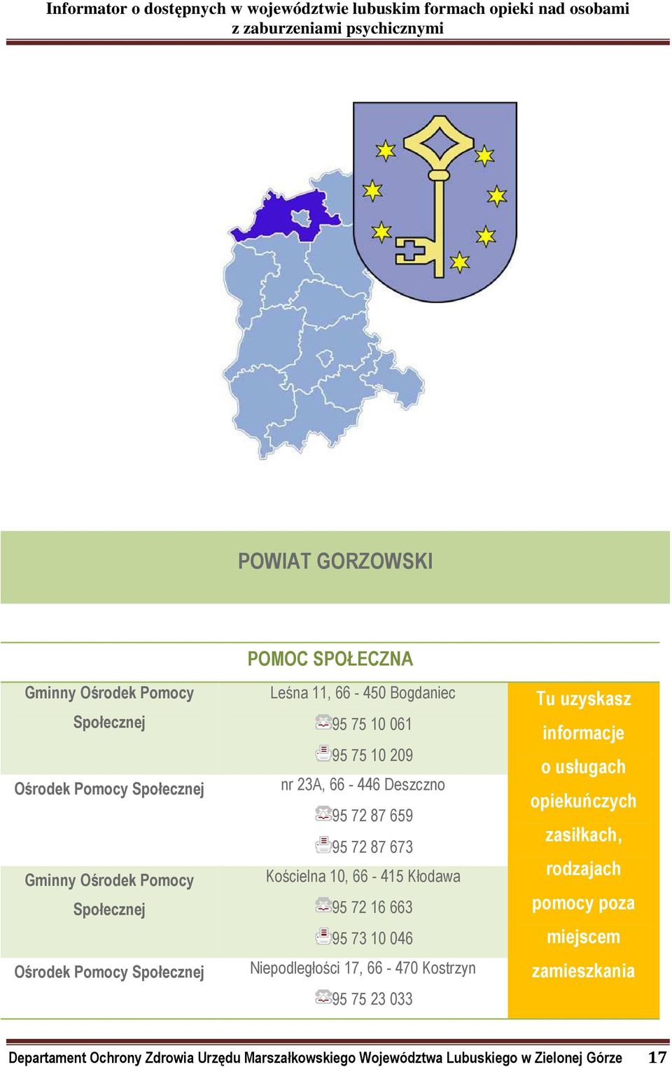 10, 66-415 Kłodawa 95 72 16 663 95 73 10 046 Niepodległości 17, 66-470 Kostrzyn 95 75 23 033 o usługach opiekuńczych zasiłkach,