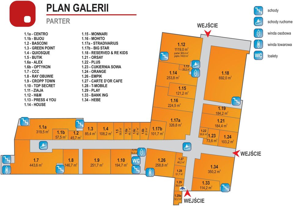 1 - ORSAY 1. - PLUS 1.3 - CUKIERNIA SOWA 1.4 - ORANGE 1.6 - EMPIK 1.7 - CARTE D OR CAFE 1.8 - T-MOBILE 1.9 - PLAY 1.33 - BANK ING 1.34 - HEBE 1.3 85,4 m 1.4 108, m 1.5 58,9 m 1.6a 46,7 m 1.