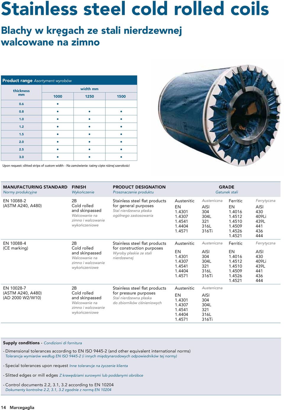 GRADE Gatunek stali EN 10088-2 (ASTM A240, A480) 2B Cold rolled and skinpassed Walcowanie na zimno i walcowanie wykończeniowe Stainless steel flat products for general purposes Stal nierdzewna płaska