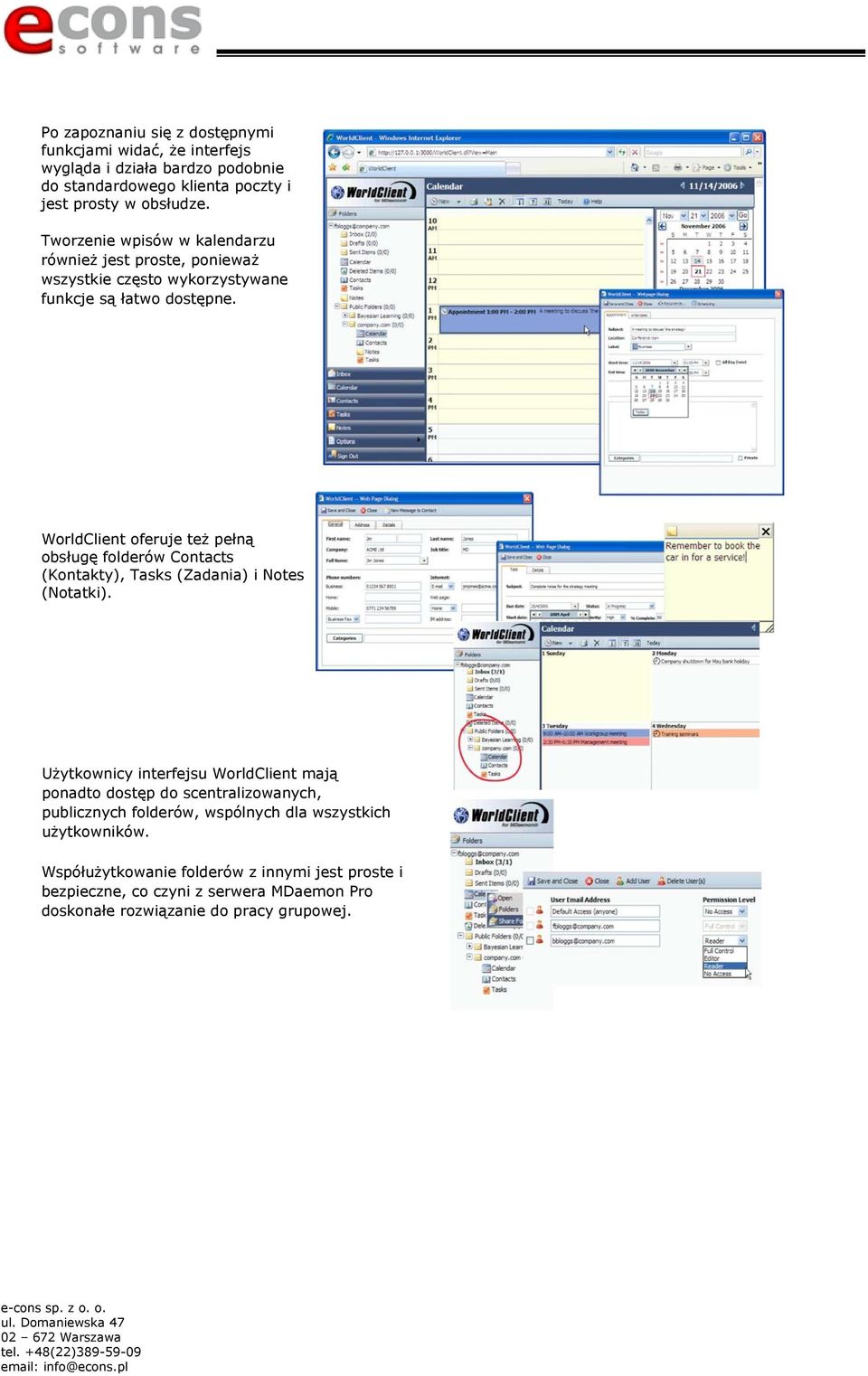 WorldClient oferuje też pełną obsługę folderów Contacts (Kontakty), Tasks (Zadania) i Notes (Notatki).