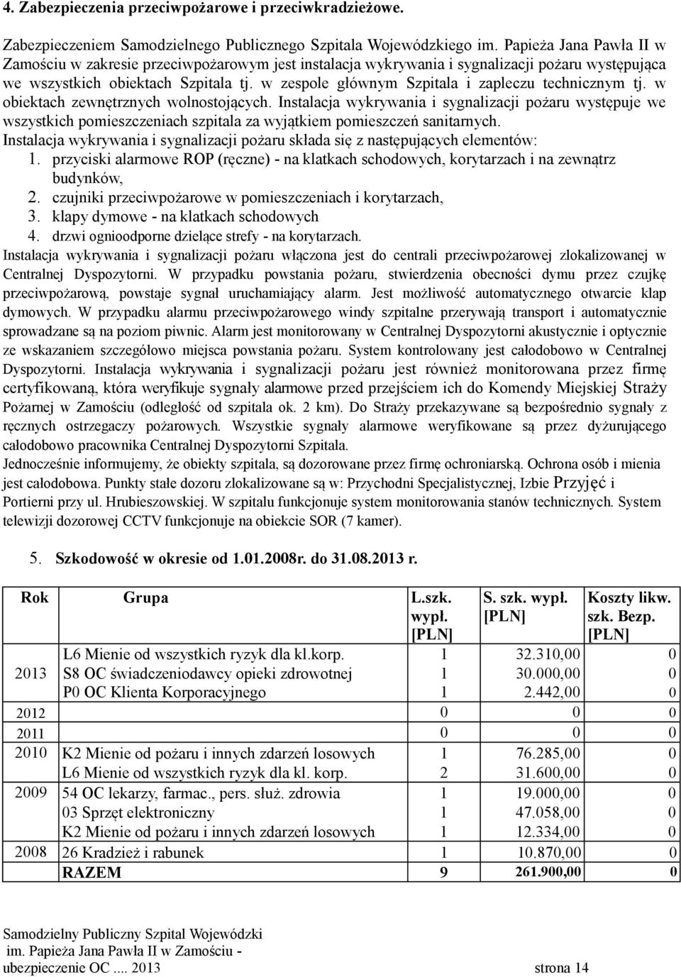 w zespole głównym Szpitala i zapleczu technicznym tj. w obiektach zewnętrznych wolnostojących.