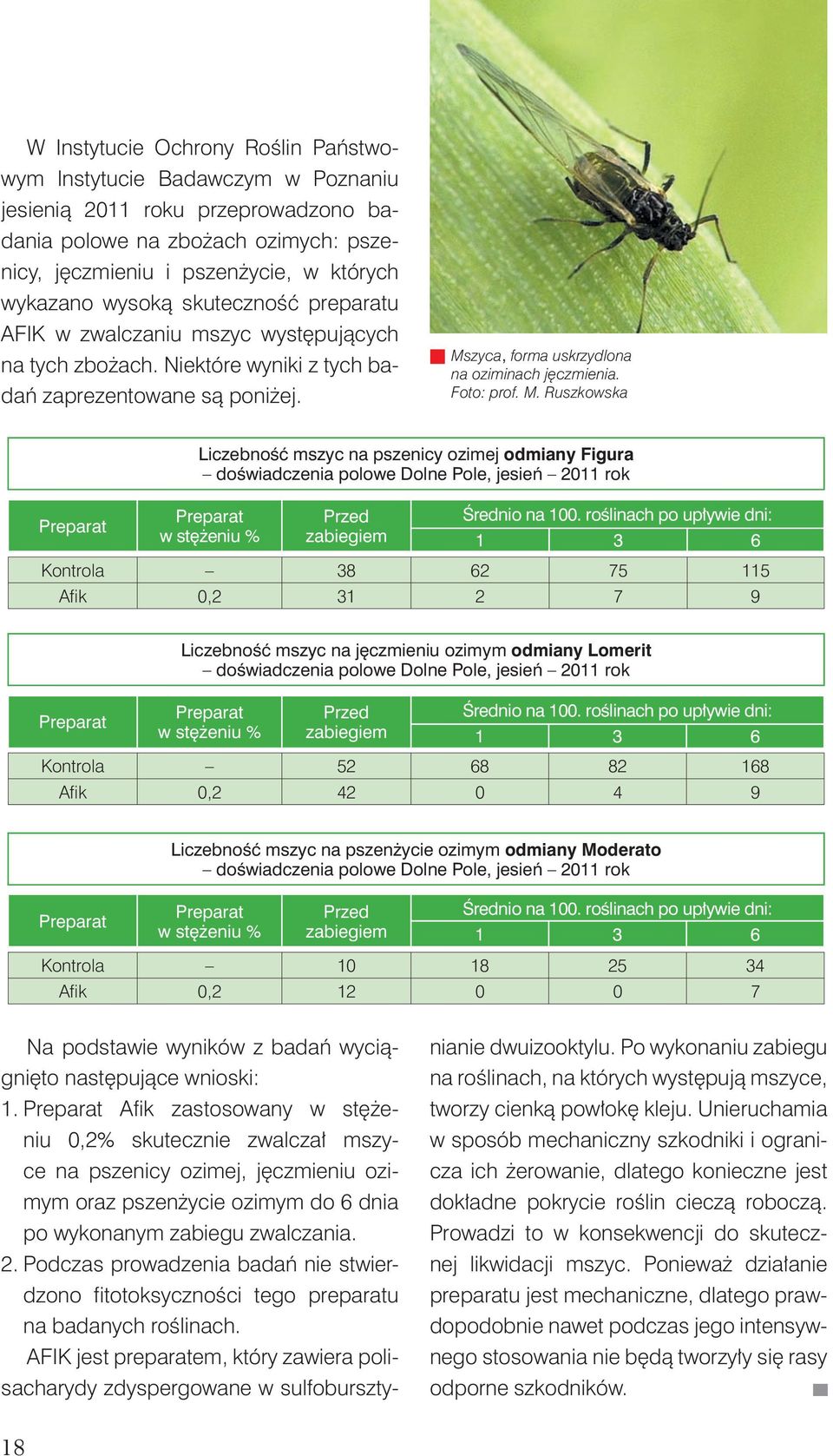 Foto: prof. M. Ruszkowska Liczebność mszyc na pszenicy ozimej odmiany Figura doświadczenia polowe Dolne Pole, jesień 2011 rok w stężeniu % Przed zabiegiem Średnio na 100.