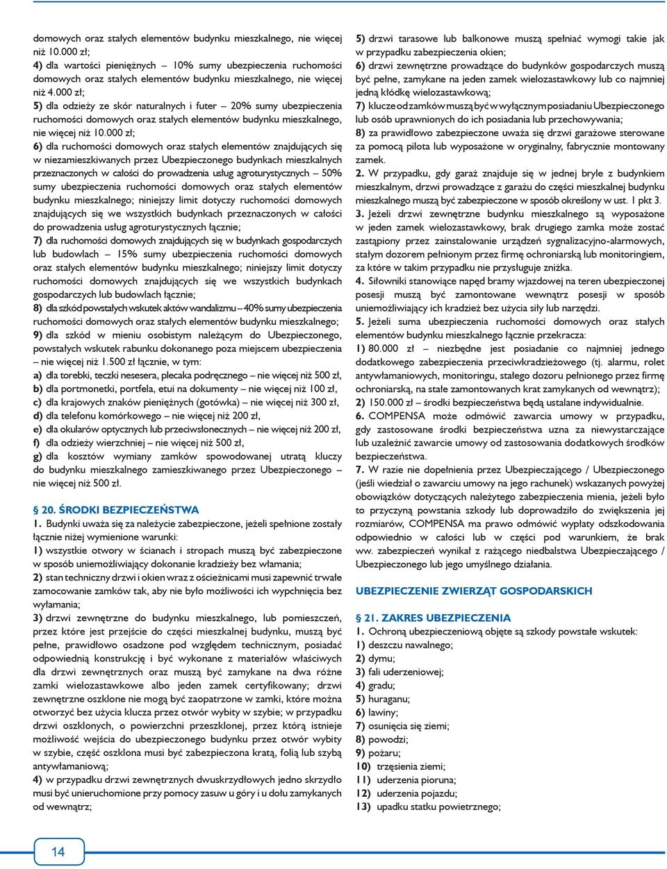 000 zł; 5) dla odzieży ze skór naturalnych i futer 20% sumy ubezpieczenia ruchomości 000 zł; 6) dla ruchomości domowych oraz stałych elementów znajdujących się w niezamieszkiwanych przez