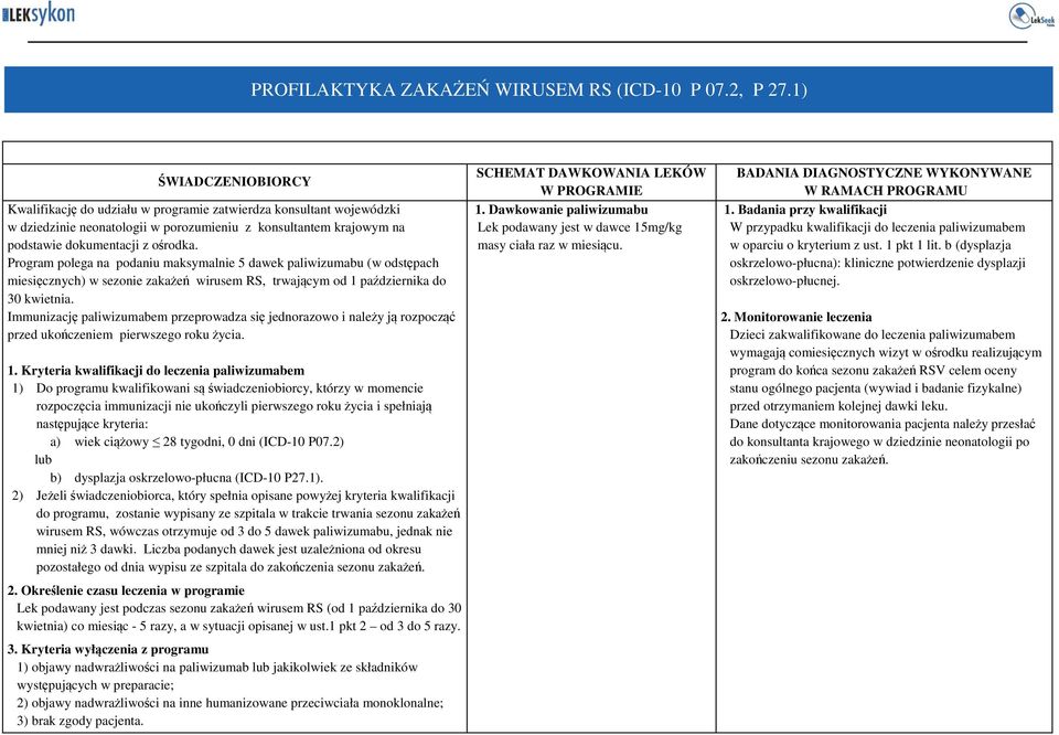 Program polega na podaniu maksymalnie 5 dawek paliwizumabu (w odstępach miesięcznych) w sezonie zakażeń wirusem RS, trwającym od 1 października do 30 kwietnia.