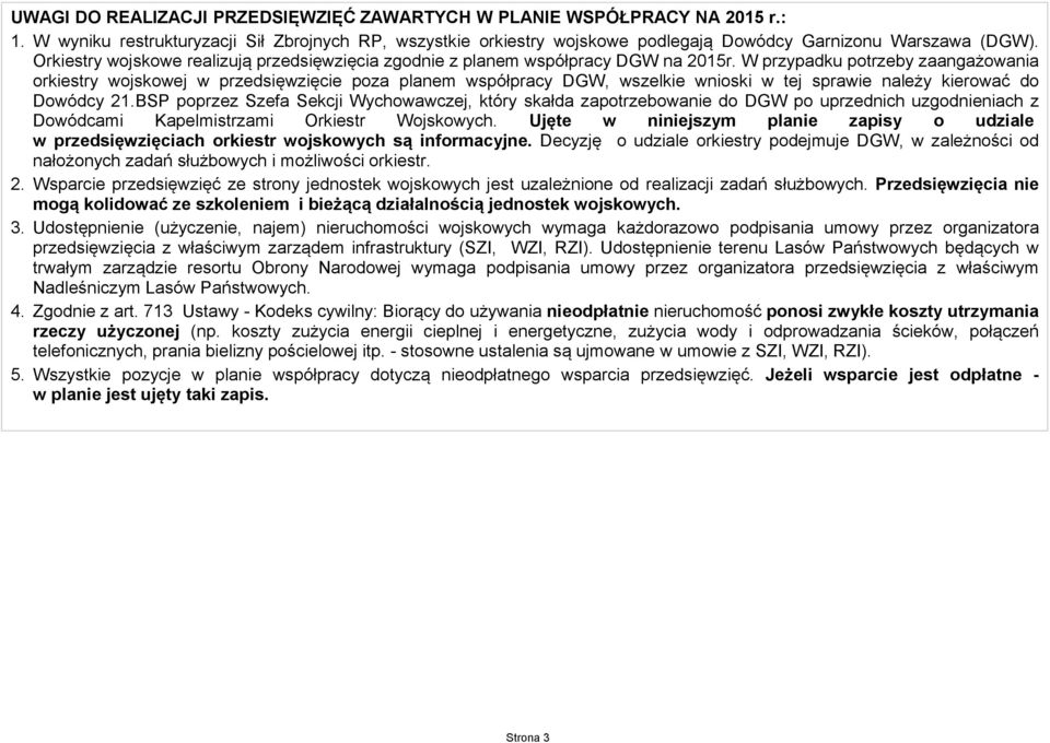 W przypadku potrzeby zaangażowania orkiestry wojskowej w przedsięwzięcie poza planem współpracy DGW, wszelkie wnioski w tej sprawie należy kierować do Dowódcy 21.