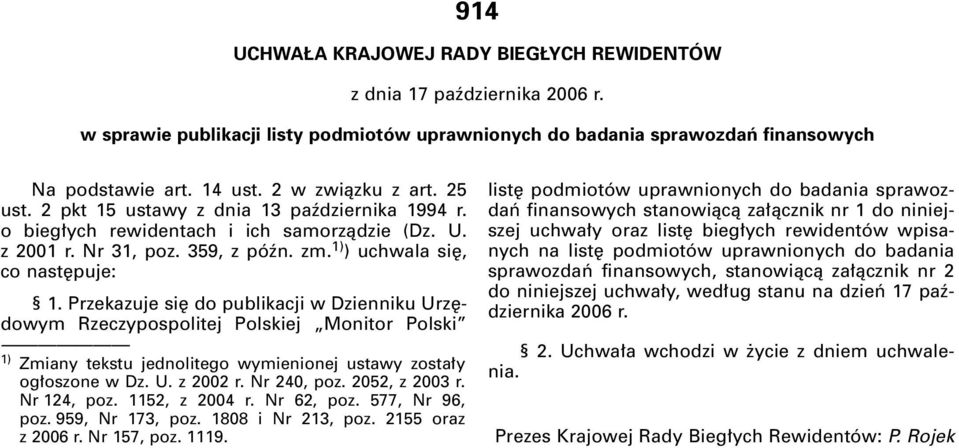 Przekazuje si do publikacji w Dzienniku Urz dowym Rzeczypospolitej Polskiej Monitor Polski 1) Zmiany tekstu jednolitego wymienionej ustawy zosta y og oszone w Dz. U. z 2002 r. Nr 240, poz.