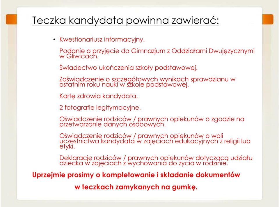 Oświadczenie rodziców / prawnych opiekunów o zgodzie na przetwarzanie danych osobowych.