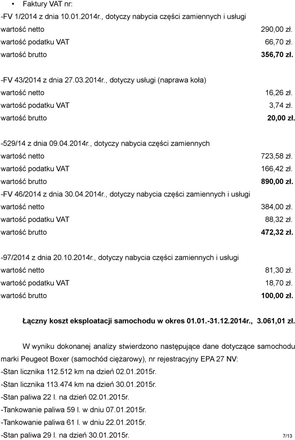 384,00 zł. 88,32 zł. 472,32 zł. -97/2014 z dnia 20.10.2014r., dotyczy nabycia części zamiennych i usługi 81,30 zł. 18,70 zł. 100,00 zł. Łączny koszt eksploatacji samochodu w okres 01.01.-31.12.2014r., 3.