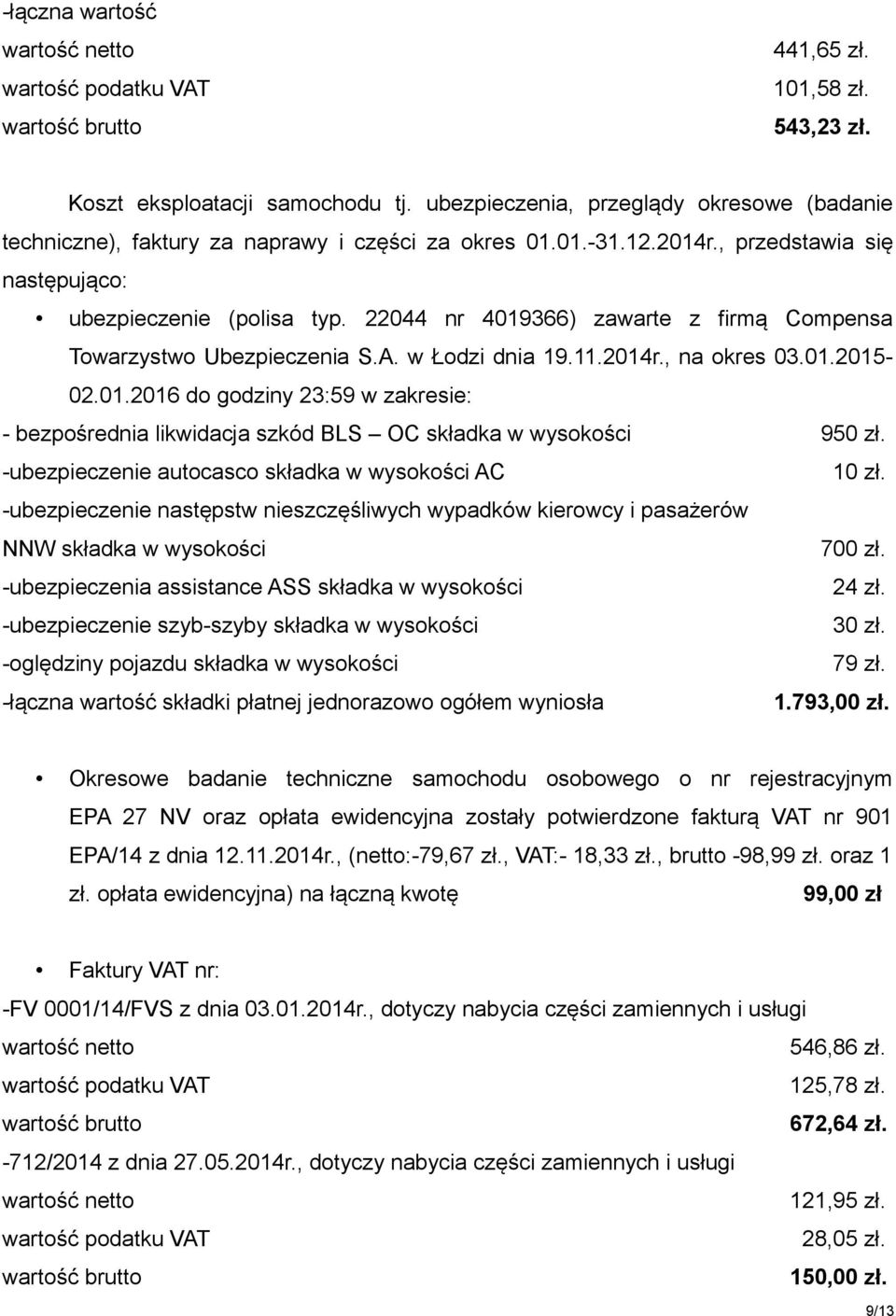 -ubezpieczenie autocasco składka w wysokości AC 10 zł. -ubezpieczenie następstw nieszczęśliwych wypadków kierowcy i pasażerów NNW składka w wysokości 700 zł.