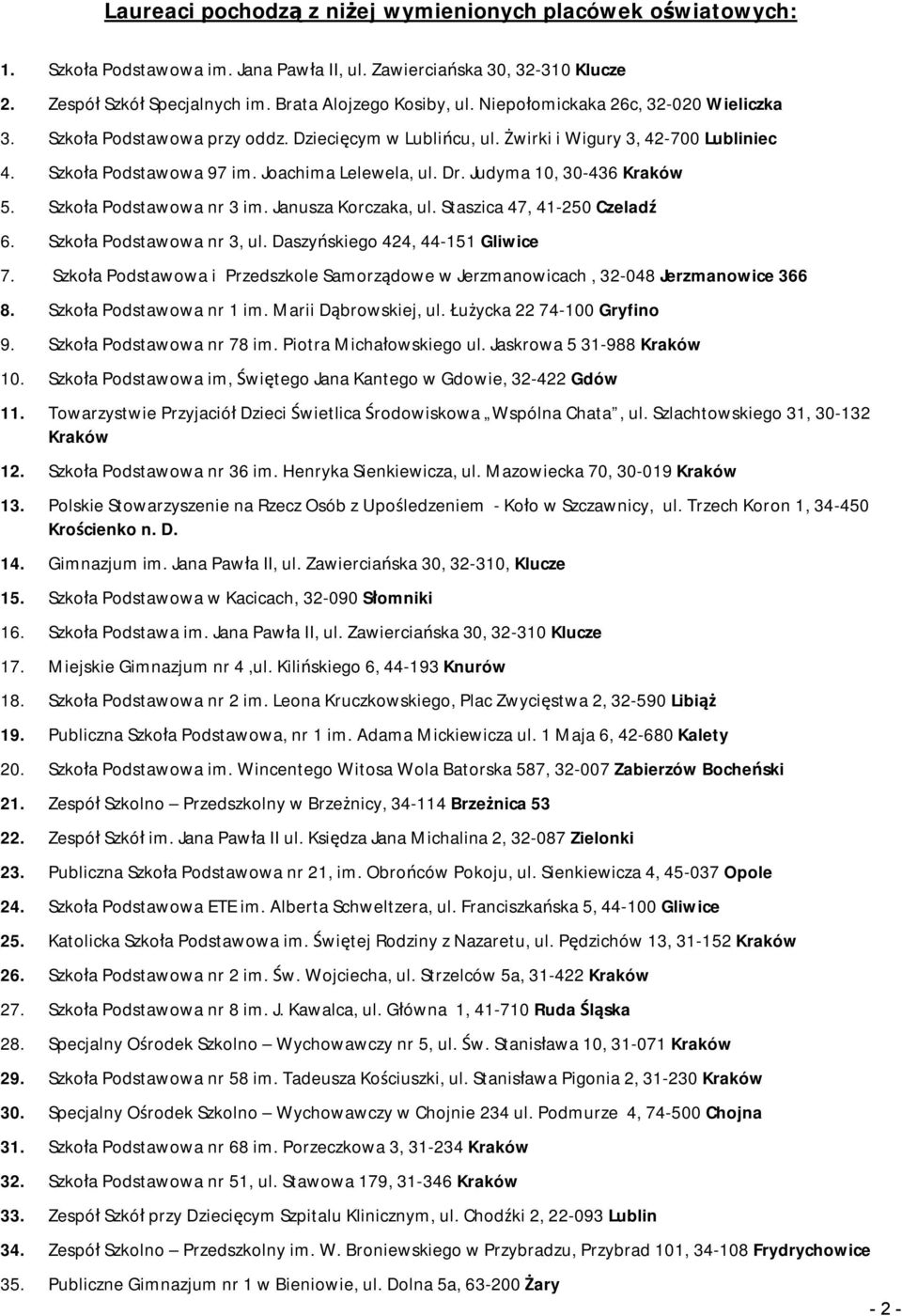 Judyma 10, 30-436 Kraków 5. Szkoła Podstawowa nr 3 im. Janusza Korczaka, ul. Staszica 47, 41-250 Czeladź 6. Szkoła Podstawowa nr 3, ul. Daszyńskiego 424, 44-151 Gliwice 7.