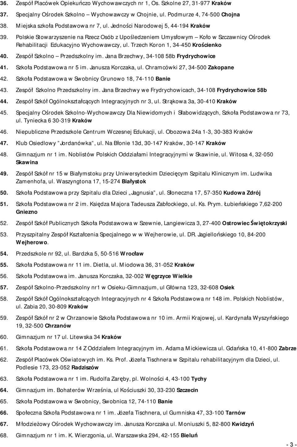 Polskie Stowarzyszenie na Rzecz Osób z Upośledzeniem Umysłowym Koło w Szczawnicy Ośrodek Rehabilitacji Edukacyjno Wychowawczy, ul. Trzech Koron 1, 34-450 Krościenko 40. Zespół Szkolno Przedszkolny im.