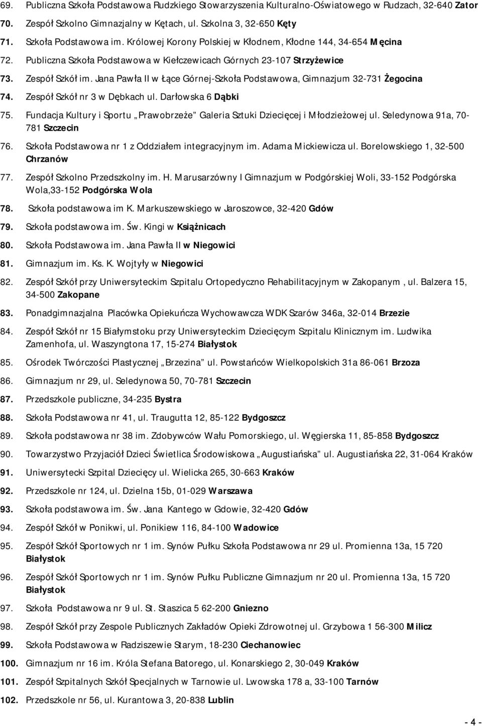 Jana Pawła II w Łące Górnej-Szkoła Podstawowa, Gimnazjum 32-731 Żegocina 74. Zespół Szkół nr 3 w Dębkach ul. Darłowska 6 Dąbki 75.