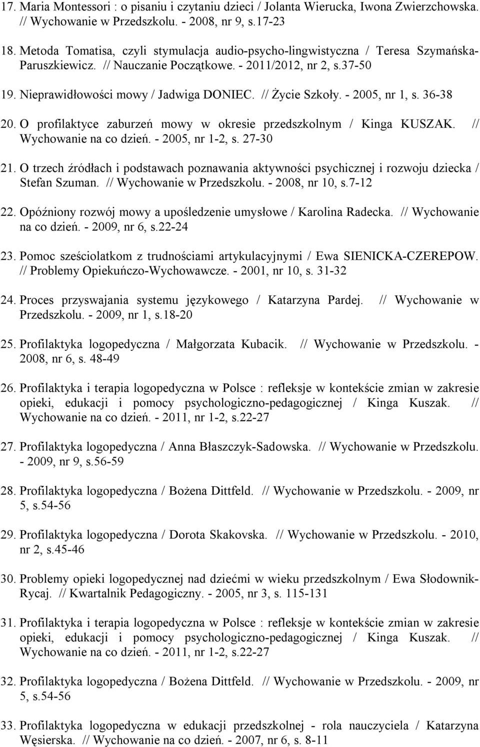 // Życie Szkoły. - 2005, nr 1, s. 36-38 20. O profilaktyce zaburzeń mowy w okresie przedszkolnym / Kinga KUSZAK. // Wychowanie na co dzień. - 2005, nr 1-2, s. 27-30 21.